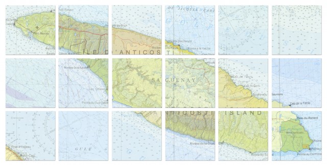 Carte de l’Île d’Anticosti, montage par supersposition de cartes de différentes époques, impressions numériques au jet d’encre,157 cm x 317 cm.